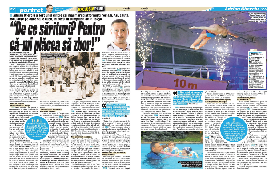 Reportajul publicat în Gazeta Sporturilor, în 2015 A murit Adrian Cherciu, unul dintre cei mai mari antrenori de sărituri din România » În 2015 își spunea povestea în GSP: „Patru luni şi jumătate ghips, ca Robocop. Dormeam cu mâna legată cu o sfoară de lustră!”