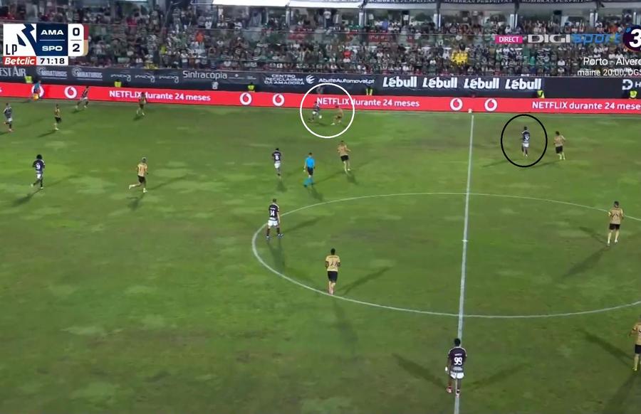 De unde i-a pasat Ianis Stoica, încercuit cu alb, marcatorului Antonetti, încercuit cu negru / sursă captură: stream DigiSport Ianis Stoica, pasă de gol în rezultatul-surpriză din Portugalia: nota primită