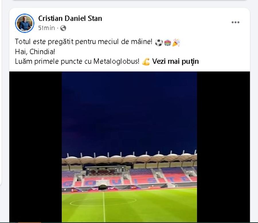 Mesajul postat aseară de primarul de Târgoviște, Cristian Daniel Stan În plină criză energetică, nocturna stadionului din Târgoviște a fost aprinsă în două seri consecutive. Explicația incredibilă: „Nu e nicio risipă”