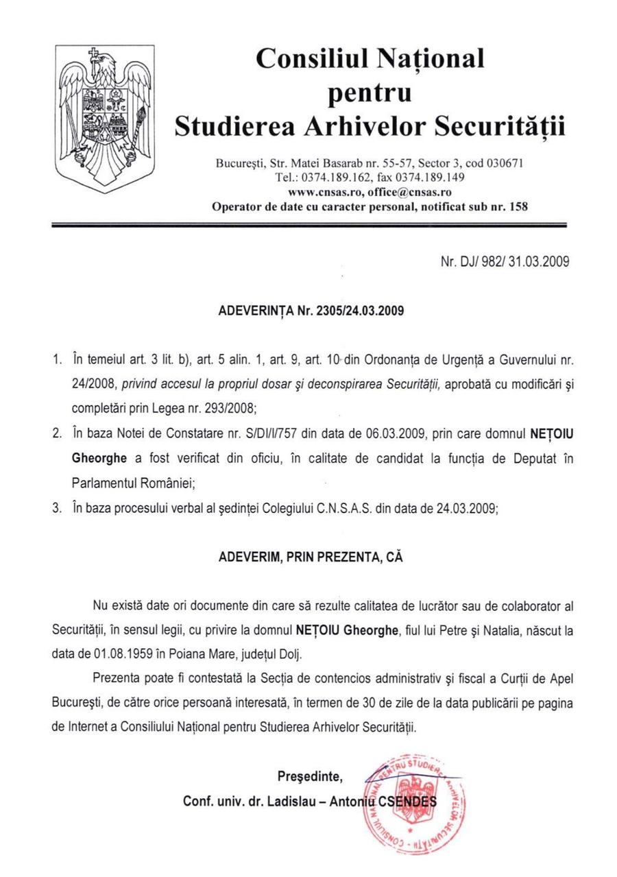 Aceasta este decizia din 2009 a CNSAS despre Gheorghe Nețoiu, declarat cu statut de necolaborare și fără elemente de lucrător al Securității: SRI nu trimisese încă documente despre ofițerul devenit om de afaceri în anii '90. Foto: cnsas.ro Fișa de Cadre de la Securitate a lui Gigi Nețoiu: de la lăcătuș la ofițer de filaj, câți bani câștiga și ancheta după fuga Nadiei + Dezvăluire: „Nașul meu, șeful Contrainformațiilor Militare”
