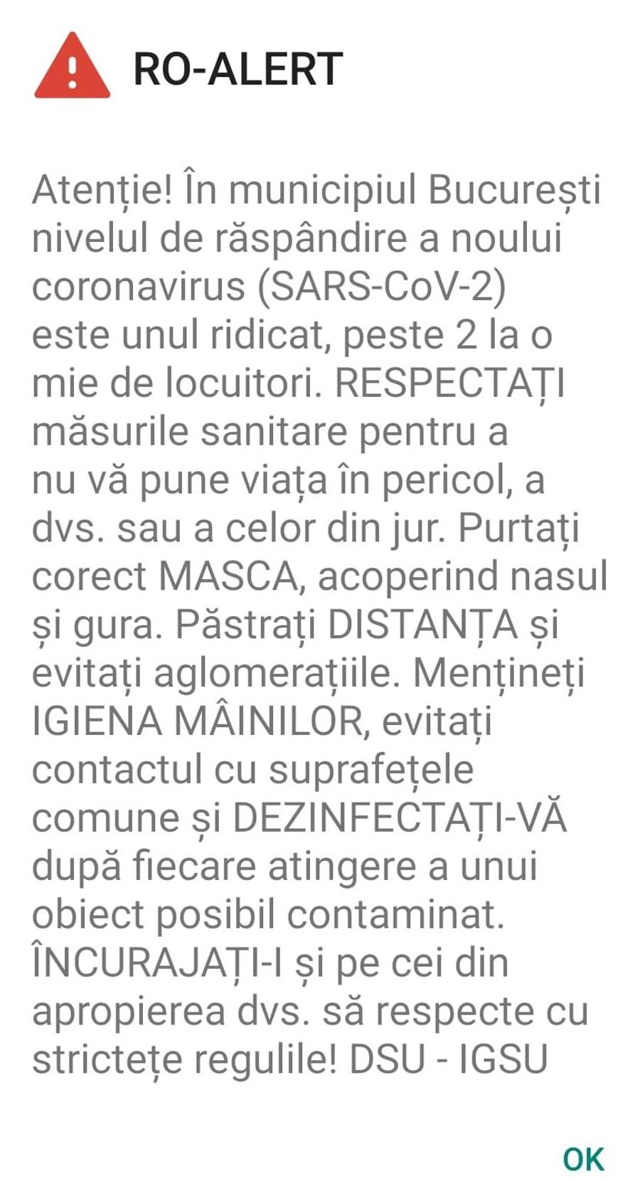 CORONAVIRUS. Locuitorii din București au primit un mesaj RO-Alert în ziua-record de infectări » 8 județe au depășit pragul de 1,5