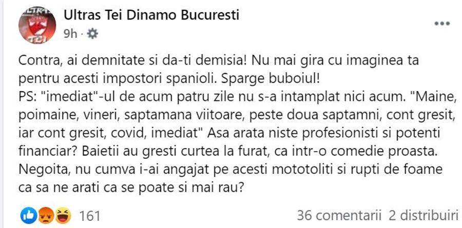 Ultrașii lui Dinamo i-au cerut demisia lui Cosmin Contra și fac zob conducerea: „Negoiță, tu i-ai angajat pe acești rupți de foame?”