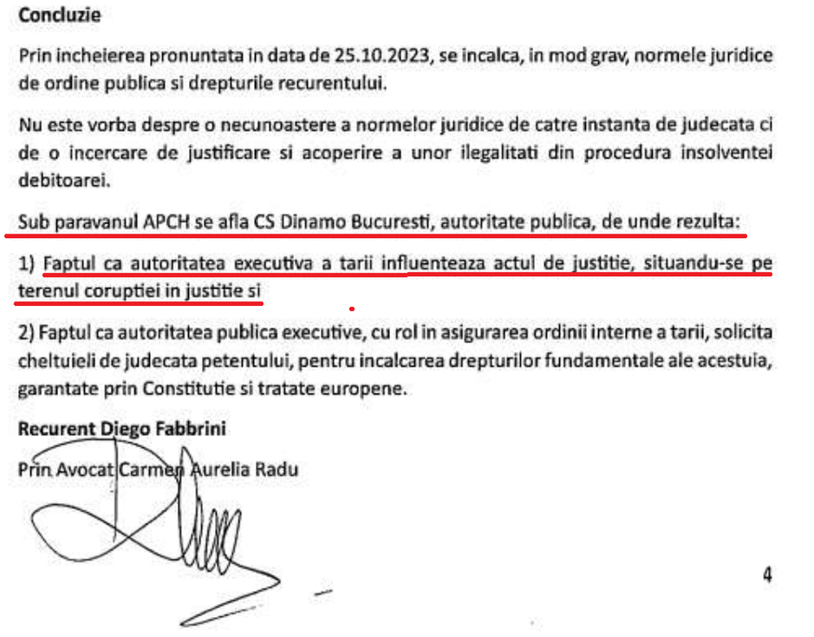 Facsimil din cererea de recurs făcută de Diego Fabbrini la Înalta Curte Dinamo, reclamată de un fost jucător la Înalta Curte » Acuzații grave de corupție pe axa APCH - CS Dinamo - MAI - Dinamo 1948