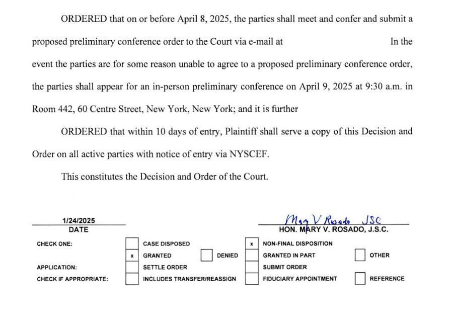Așa arată partea de final a ordinului emis pe 27 ianuarie 2025 de Tribunalul Suprem din New York în „dosarul Halep” Începe procesul Simonei Halep la New York! Data fixată pentru prima înfățișare în litigiul de 10 milioane de dolari + prima mare victorie obținută de avocații americani