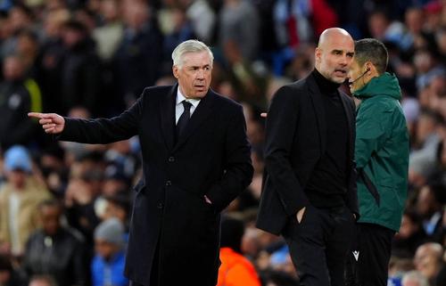 Carlo Ancelotti și Pep Guardiola, în returul de pe Etihad din semifinalele Ligii Campionilor din ediția trecută (1-1), calificata fiind decisă la loviturile de departajare / Foto: Imago
