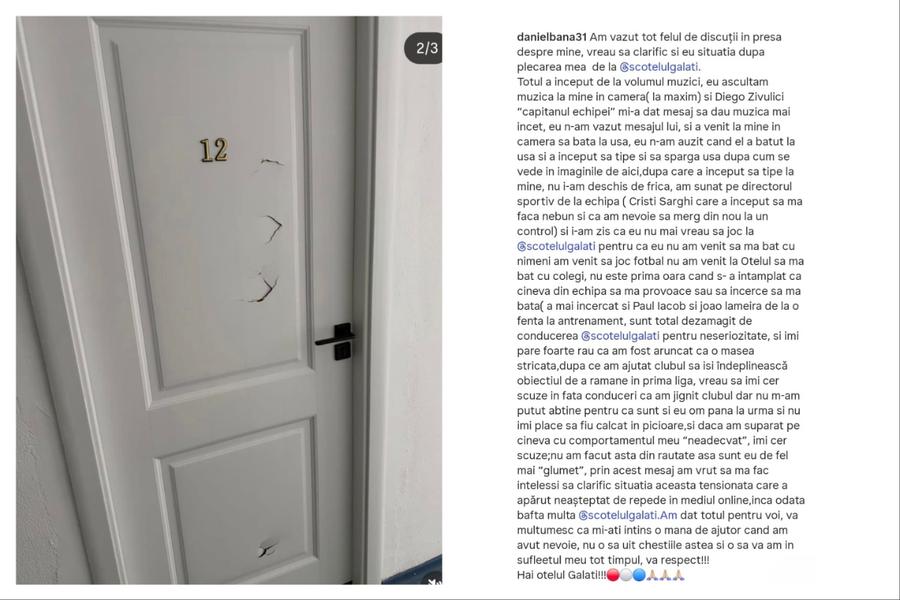 Textul scris de Ștefan Bană și o fotografie cu ușa spartă, spune el, de Diego Zivulic Dat afară de Oțelul, acuză: „Căpitanul Zivulic mi-a spart ușa, Iacob și Lameira au vrut să mă bată!”