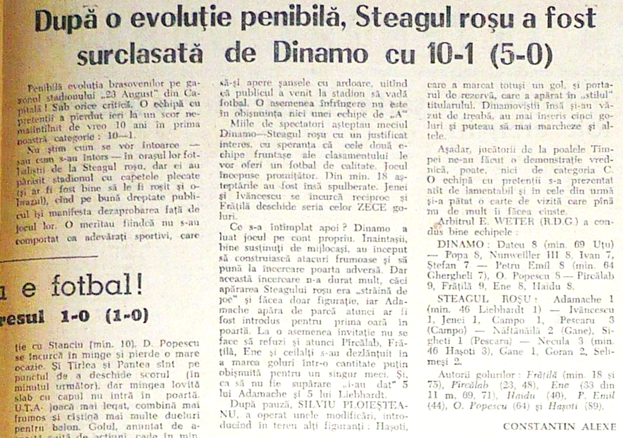 Cronica meciului Dinamo - Steagul Roșu 10-1, din ziarul Sportul Popular Cea mai clară victorie a lui Dinamo din întreaga istorie a fost BLAT! Dezvăluiri incredibile după aproape 60 de ani: „Blat ca să primească nevestele unora pașaport!”