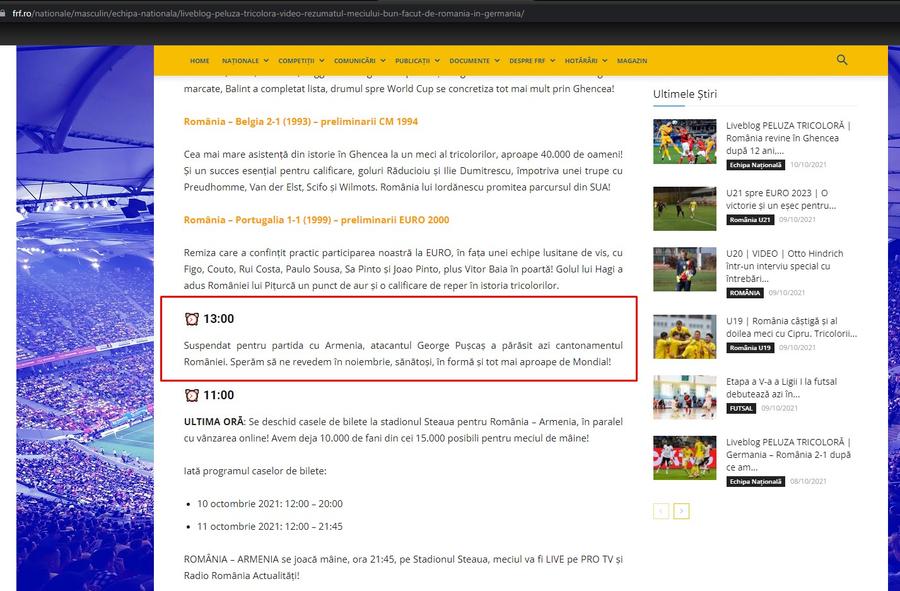 foto: captură frf.ro FRF a lămurit situația lui George Pușcaș! Atacantul, suspendat cu Armenia: „Am primit documentul de la FIFA”