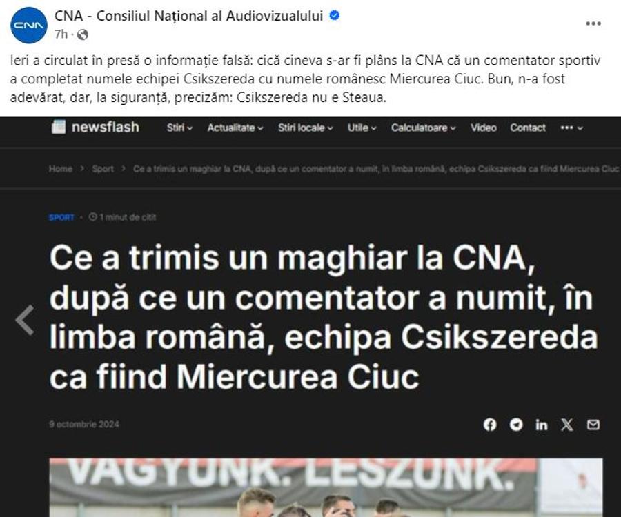 Postarea de pe pagina oficială CNA CNA, postare oficială prin care a scandalizat Clubul Armatei: „Csikszereda nu e Steaua” » GSP a dialogat cu autorul ei: „Eu am scris, nu ne-a spart nimeni contul! Asta a fost intenția”