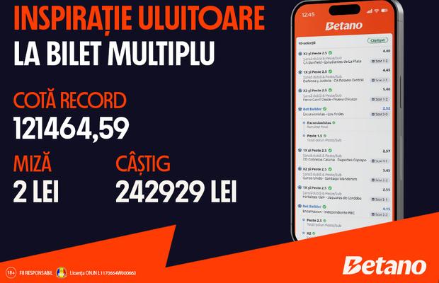 Cotă câștigătoare record pe Betano, 121464.59!