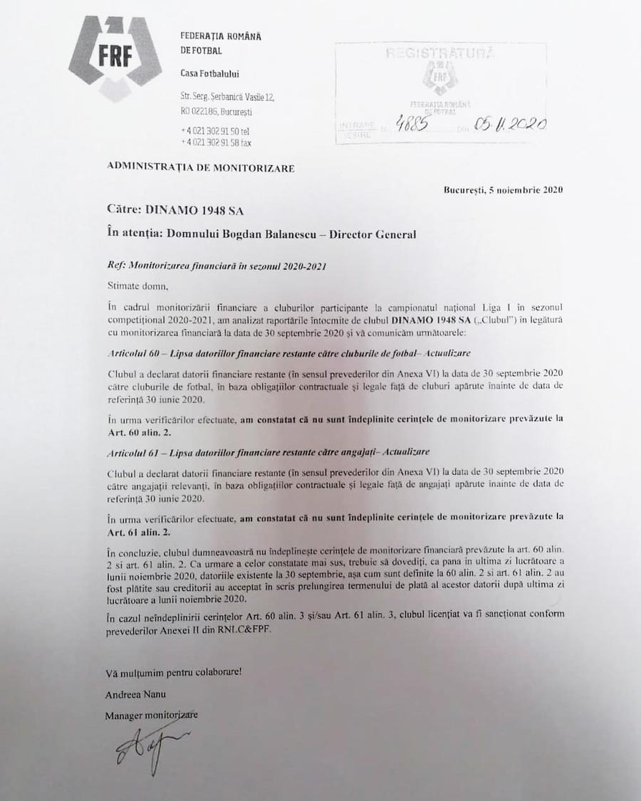 EXCLUSIV. FRF a înștiințat Dinamo » Urmări dezastruoase, dacă datoriile nu sunt achitate până la finalul lui noiembrie: ce prevede regulamentul