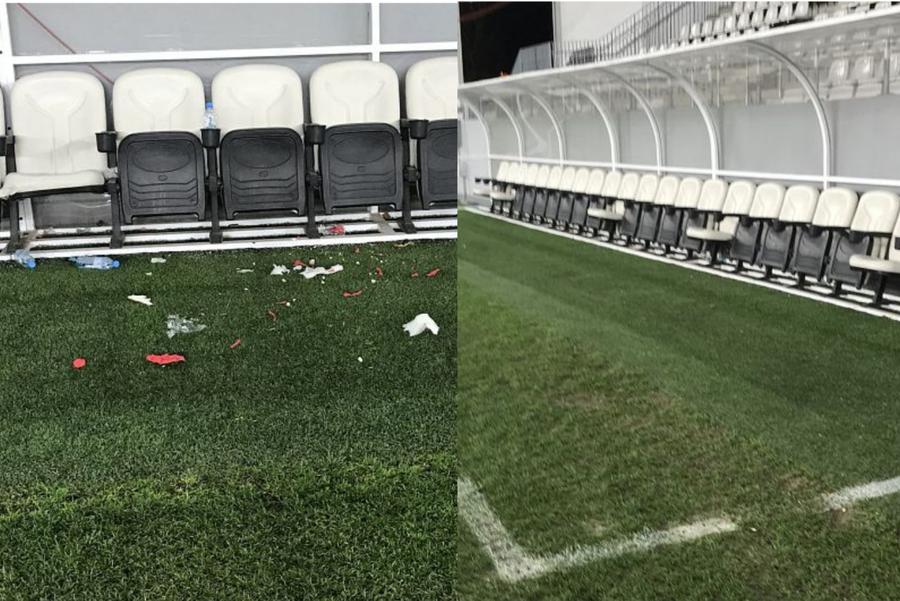 Banca celor de la Dinamo (Stânga) vs. banca lui Sepsi (dreapta) // FOTO: covasnamedia.ro Covăsnenii îi arată cu degetul pe dinamoviști, după meciul din Cupă! Ce susțin că s-a întâmplat în zona băncilor de rezerve după partida cu Sepsi