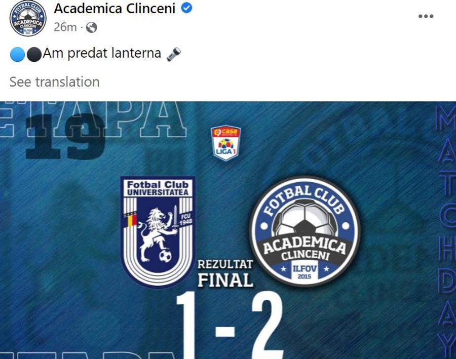 Ironia Academicii Clinceni, după ce i-a „pasat” lui Dinamo ultimul loc în Liga 1