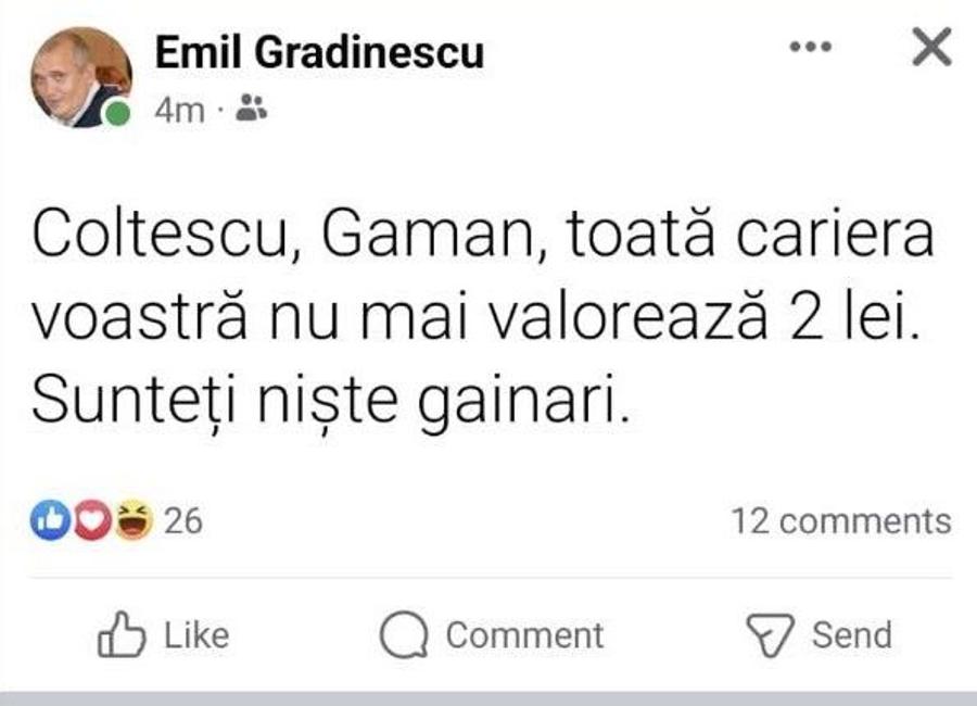 Captură Facebook Emil Grădinescu Cea mai dură reacție după CFR Cluj - FCSB: „Cariera voastră nu mai valorează 2 lei! Sunteți niște găinari”