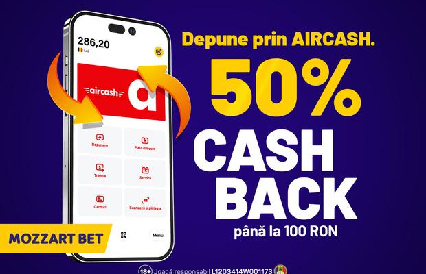 Cu Mozzart Bet ai 50% cashback la prima depunere prin AirCash