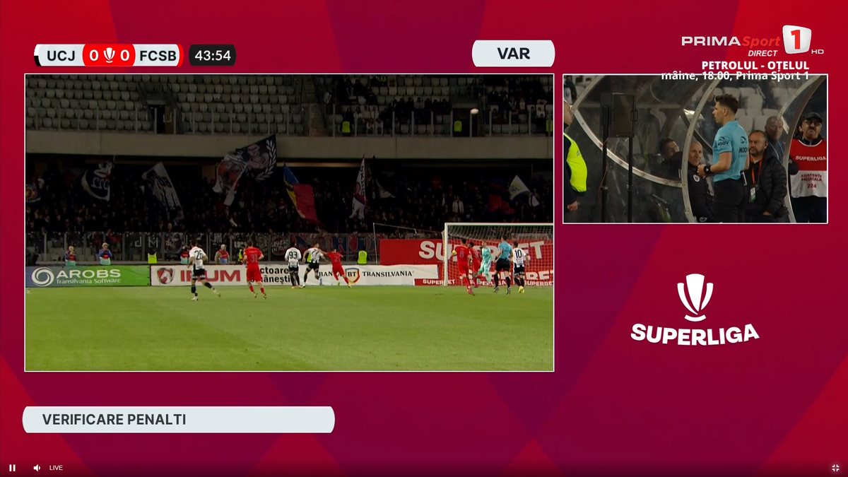 Penalty anulat în U Cluj - FCSB, după sesizarea lui Colțescu de la VAR » Gigi Becali a intervenit imediat la pauză
