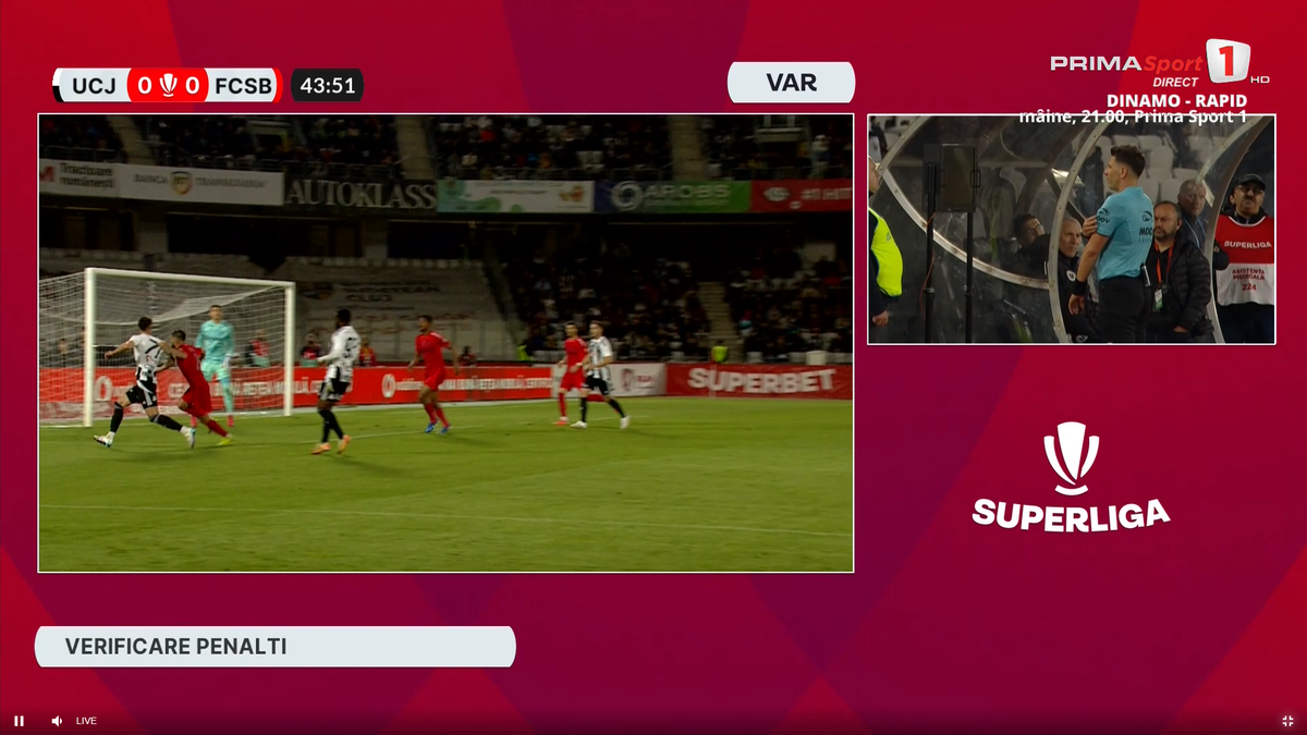 Penalty anulat în U Cluj - FCSB, după sesizarea lui Colțescu de la VAR » Gigi Becali a intervenit imediat la pauză