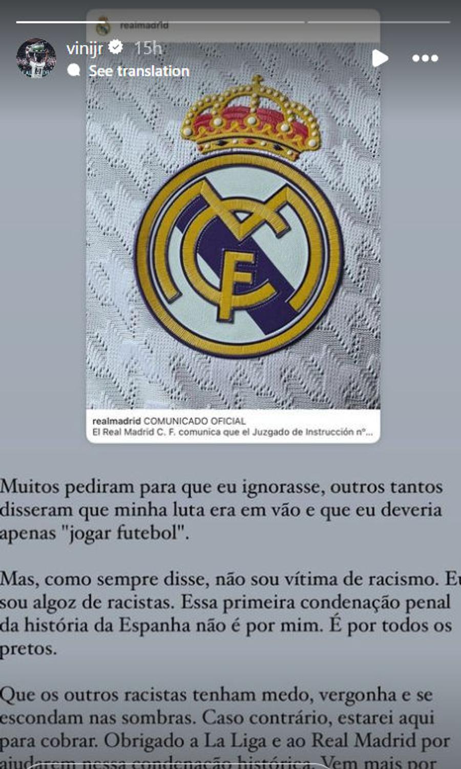 Mesajul postat de Vinicius, starul de la Real Madrid, pe Instagram Vinicius, după ce fanii care l-au atacat rasial au ajuns după gratii: „Decizia este pentru toți oamenii de culoare”