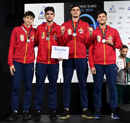 La CE de scrimă din 2024, de la Basel, România cucerea argintul la sabie echipe, prin Vlad Covaliu, Radu Nițu, Răzvan Ursachi și Matei Câdu Foto: European Fencing Confederation Facebook