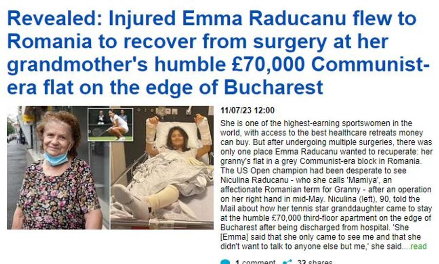 Articolul din Daily Mail Englezii titrează: „Emma Răducanu a mers să se recupereze în blocul gri din epoca comunistă a României. Apartament modest, de 70.000 de lire”