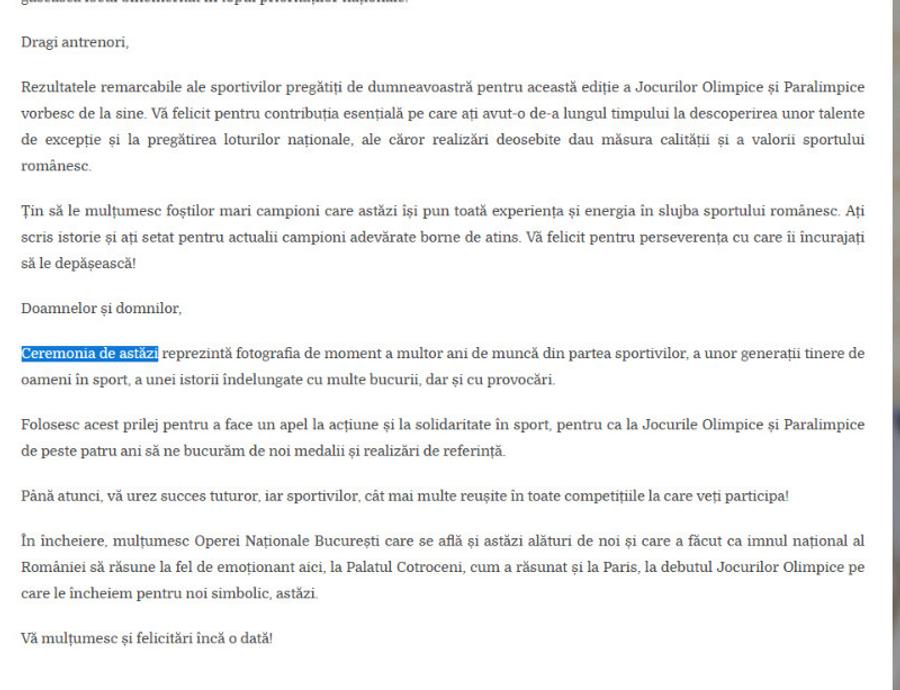 Captură de pe site-ul Administrației Prezidențiale Gafă INCREDIBILĂ a președintelui Klaus Iohannis la ceremonia de decorare a sportivilor medaliați la Jocurile Olimpice și Paralimpice de la Paris! A citit greșit de pe foaie