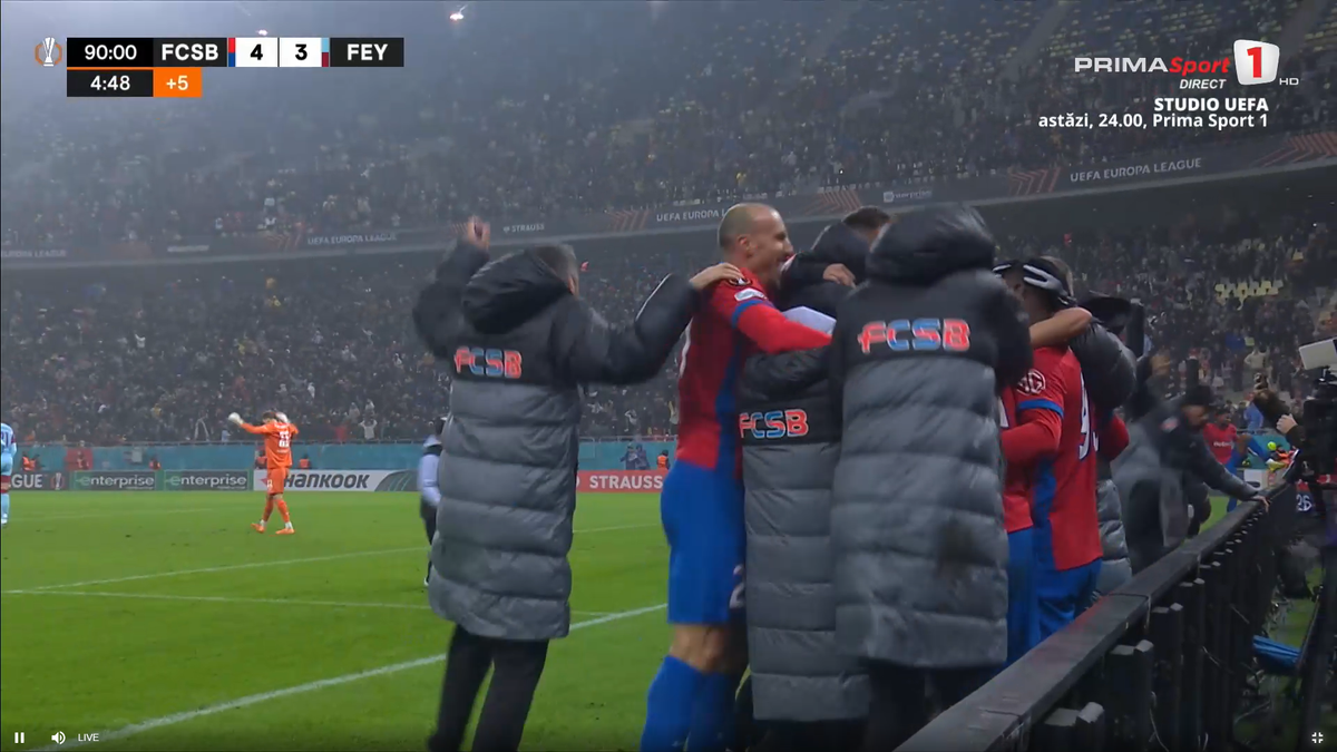 Bucurie dezănțuită la golul de 4-3 în FCSB - Feyenoord