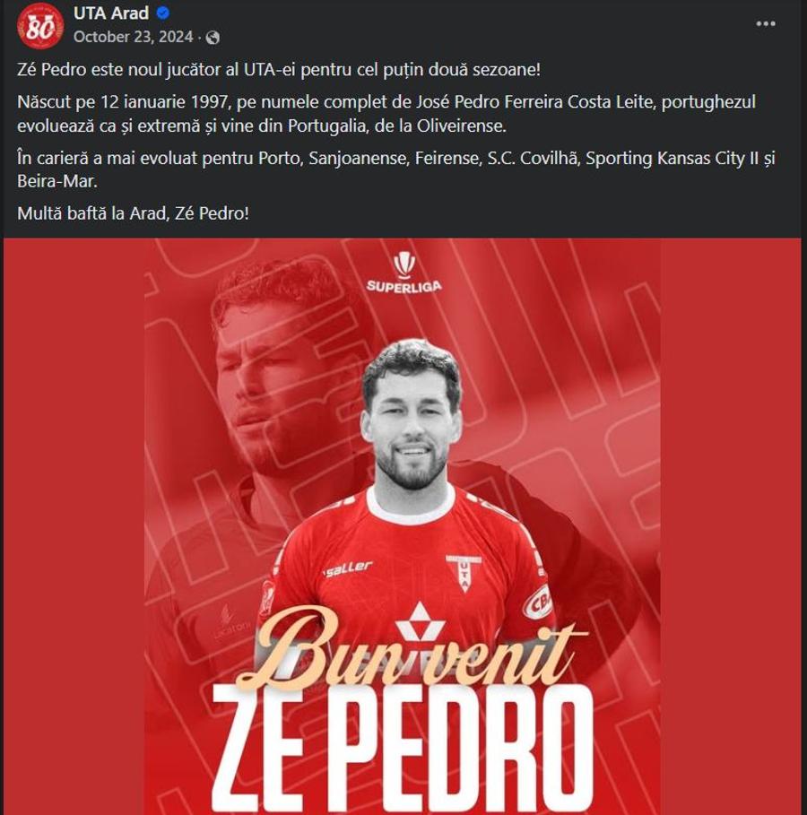 UTA îl prezenta pe Ze Pedro drept fotbalistul echipei pentru „cel puțin două sezoane”. A rezistat 3 luni la Arad și a încasat 60.000 de euro Caz absurd în Superliga: fotbalist plătit cu 10.000 € la fiecare 10 minute