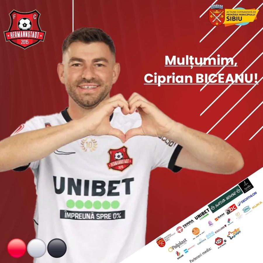Ciprian Biceanu nu mai este fotbalistul celor de la Hermannstadt // FOTO: Facebook @FC Hermannstadt Dorinel Munteanu l-a dat afară de la Hermannstadt după 4 ani: „Mulțumim!”