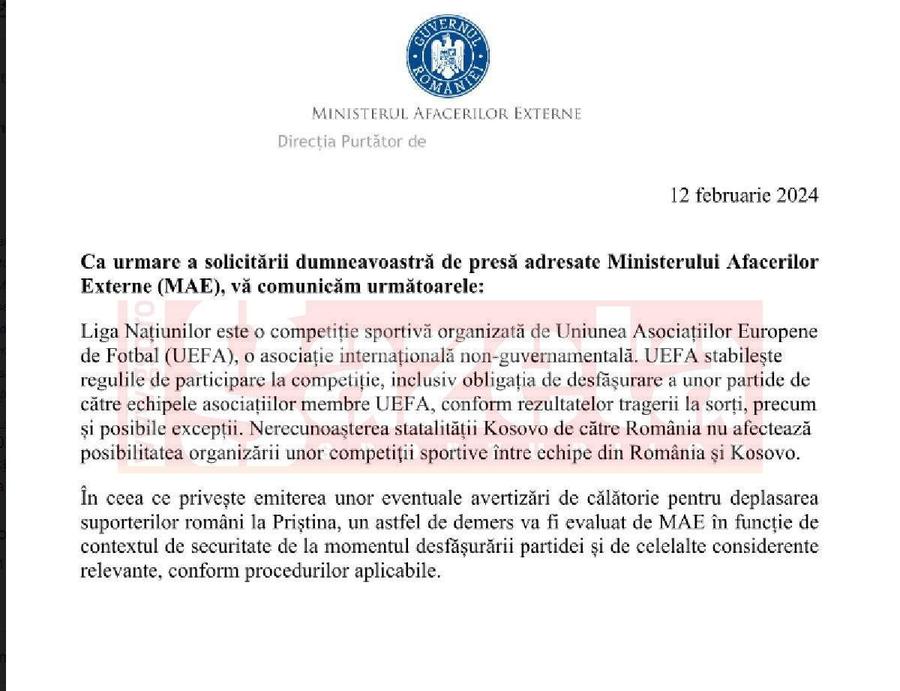 Poziția Ministerului Afacerilor Externe, înainte de România - Kosovo Ministerul Afacerilor Externe, poziție despre meciul România - Kosovo » Răspuns oficial pentru GSP: „Un astfel de demers va fi evaluat”