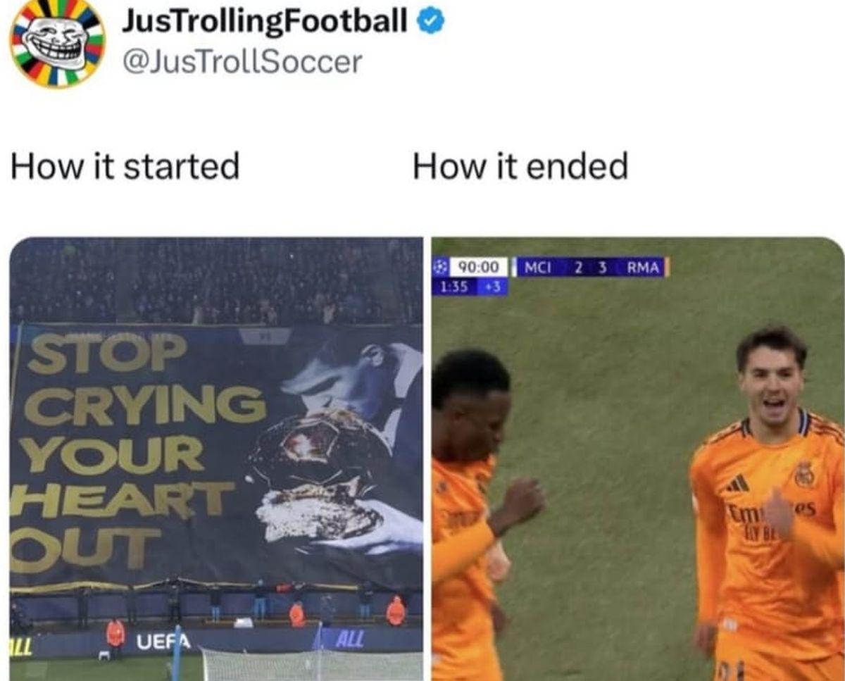 Liber la glume! Cele mai haioase meme-uri după Manchester City - Real Madrid 2-3: „Stop crying your heart out, Pep” 