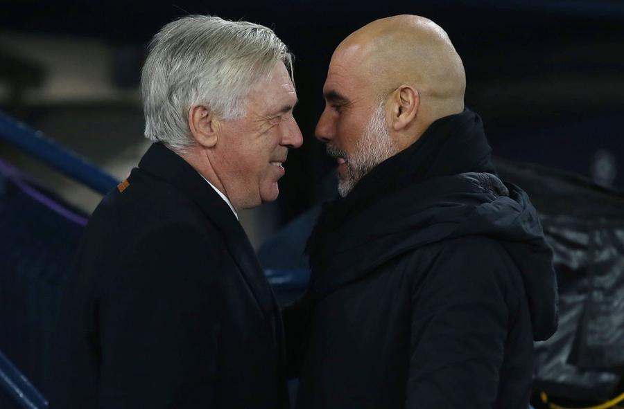 Carlo Ancelotti și Pep Guardiola, două măști la finalul Clasicului european de pe Etihad / Foto: Imago 300