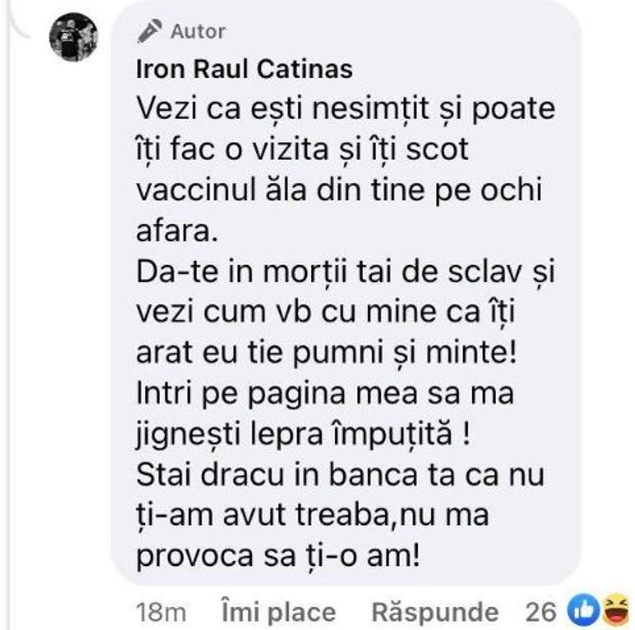 Raul Cătinaș, derapaj suburban pe Facebook: „Lepră împuțită, îți scot vaccinul pe ochi!”