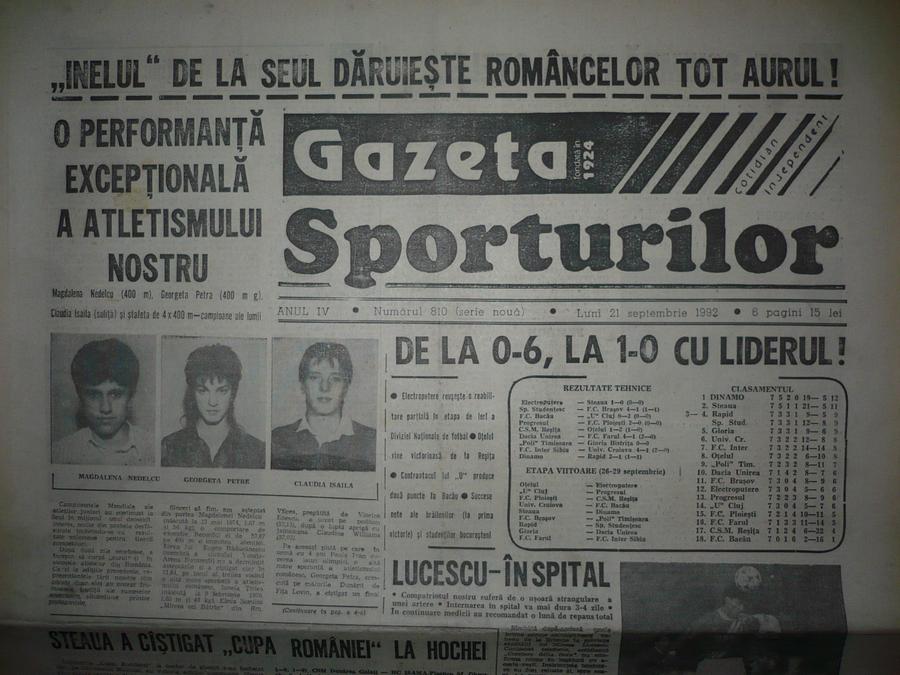 Prima pagină din Gazeta Sporturilor după succesul echipei României în proba de ștafetă Judecătoarea Georgeta Ciungan, dublă campioană la atletism, s-ar fi sinucis » Motivul pentru care nu a participat la JO 2000