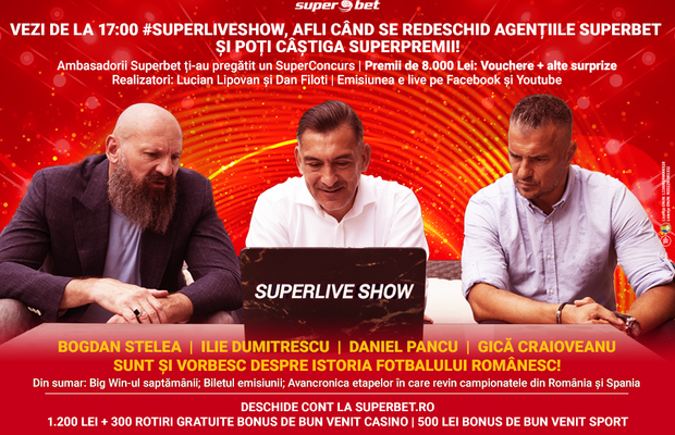 Azi la 17:00, în SUPERLIVE Show, afli când se redeschid agențiile Superbet și câștigi premii de peste 8.000 de lei!