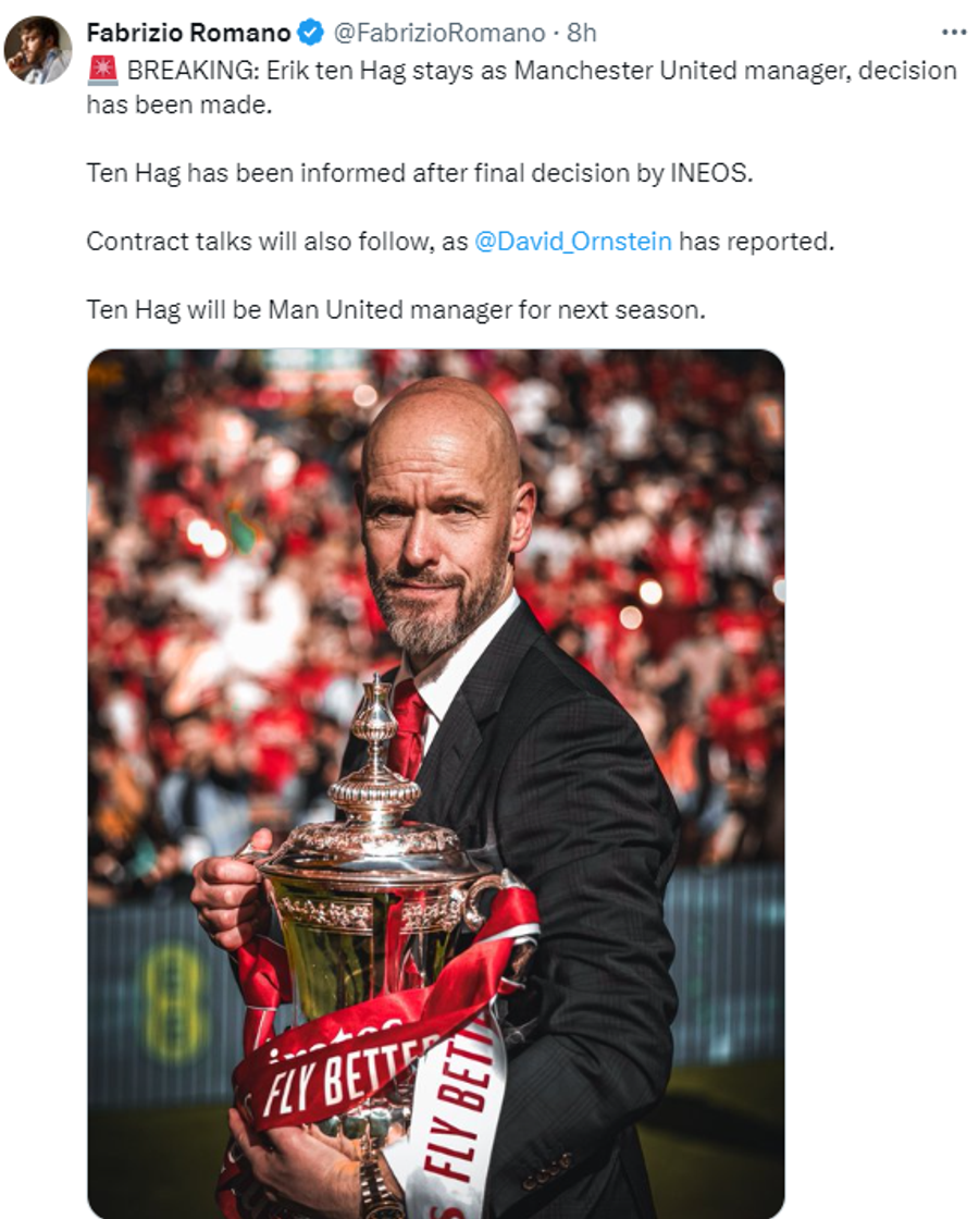 Fabrizio Romano confirmă că Erik ten Hag rămâne la Manchester United Manchester United a luat decizia finală în cazul lui Erik ten Hag! Anunțul lui Fabrizio Romano