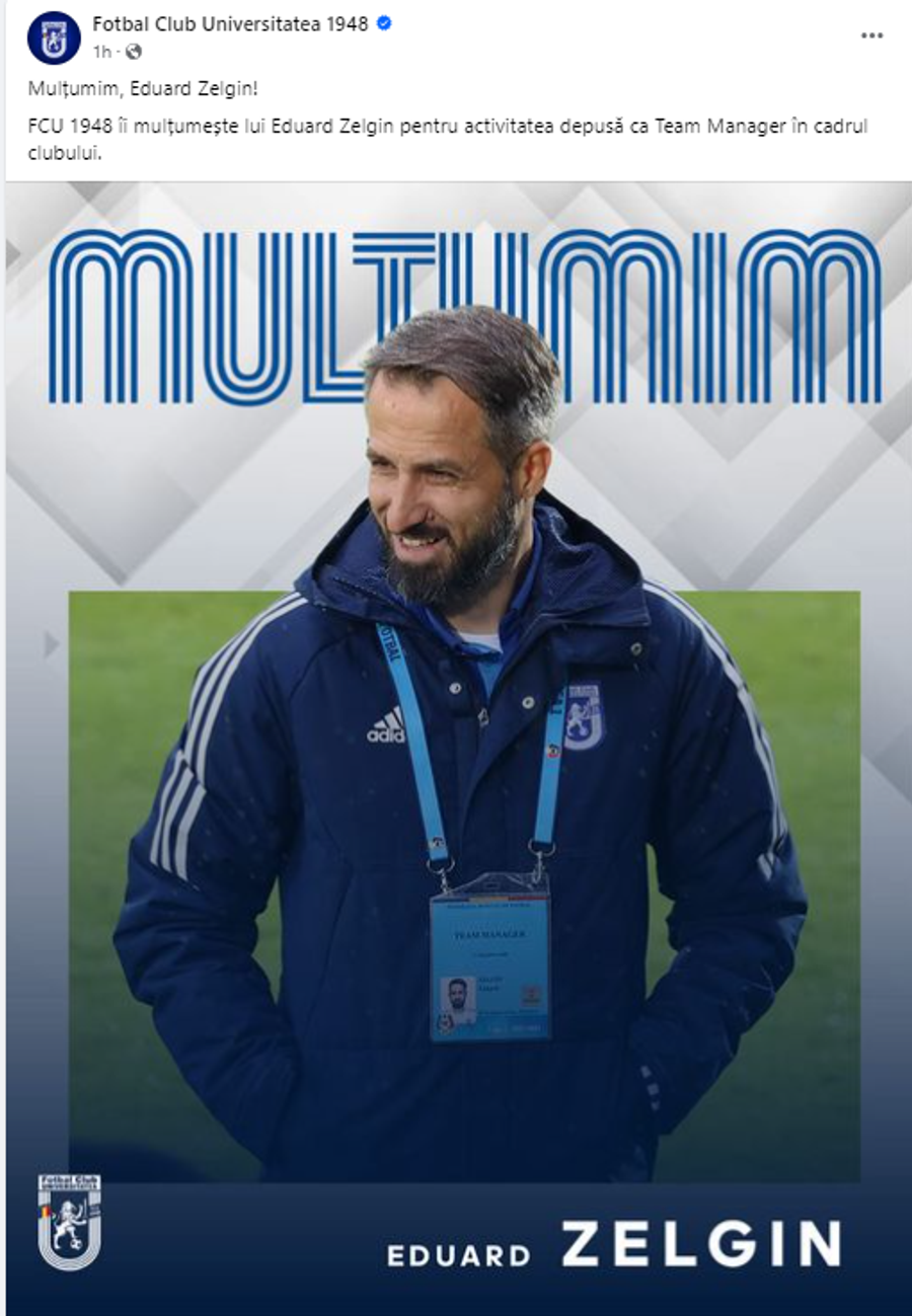 Eduard Zelgin, dat afară de la FCU Craiova Omul concediat astăzi de Adrian Mititelu, ironizat de foștii colegi de la FCU Craiova: „Dacă pleca acum un an, eram în Liga 1”