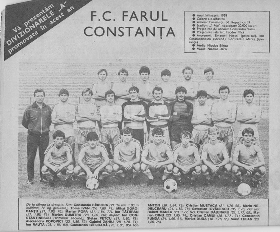 Constantin Bârboră (primul din stânga, rândul de sus) în echipa Farului care a izbutit promovarea în Divizia A în 1988 Trebuia să fie urmașul lui Hagi, dar a jucat 7 ani cu genunchii distruși: „Abia mai merg!” + Condiția pusă de Valentin Ceaușescu la Steaua și discuția ireală cu Lucescu: „Dă-ți pantalonii jos!”