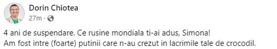 Postarea incisivă a lui Dorin Chioțea Fostul șef de la sport TVR, postare nemiloasă la adresa Simonei Halep: „N-am crezut în lacrimile tale de crocodil! Să ne aducem aminte ce e Roxadustatul”