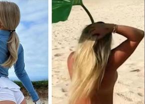 Imagini interzise: de la golf, s-a poza goală pe plajă, în timp ce ținea în mână o frunză