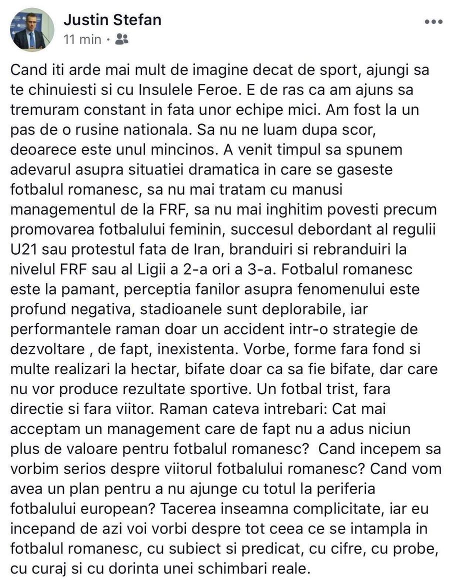 FEROE - ROMÂNIA 0-3 // Justin Ștefan, secretarul LPF, dezlănțuit: „E de râs! Am fost la un pas de o rușine națională!” + Trece la amenințări: „Voi veni cu probe”