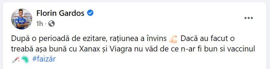 Viagra „l-a convins” pe Gardoș să se vaccineze: „Rațiunea a învins” » Peste 1.200 de reacții pe Facebook