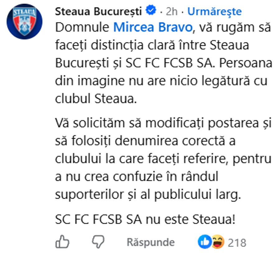 O postare virală a provocat reacția CSA: „SC FC FCSB SA nu este Steaua!”