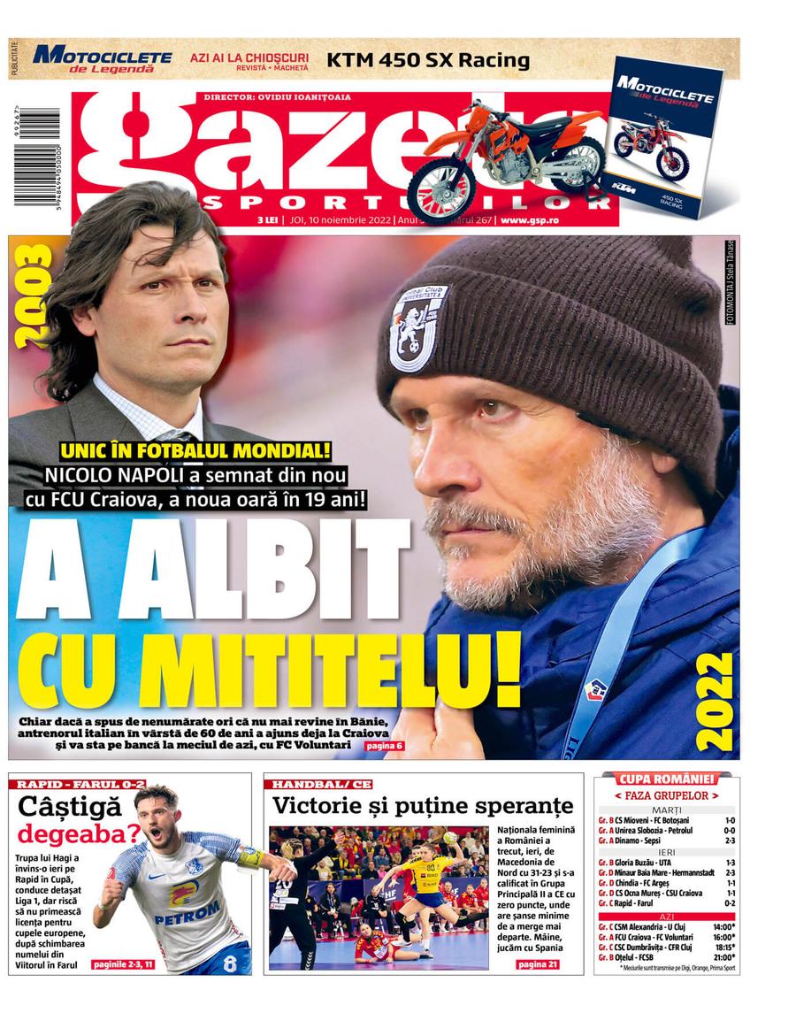 Prima pagină a Gazetei Sporturilor de joi Avantaj FCSB » Ce nu a reușit să facă niciodată Nicolo Napoli împotriva roș-albaștrilor