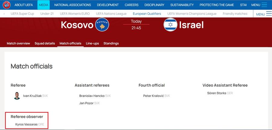 Kyros Vassaras, președintele Comisiei Centrale a Arbitrilor din cadrul Federației Române de Fotbal a fost desemnat de UEFA ca observator de arbitri la meciul Kosovo - Israel Incredibil, dar adevărat » Un oficial FRF este observator de arbitri la Kosovo - Israel, meci foarte important pentru „tricolori”