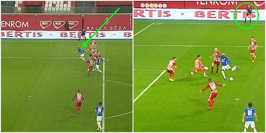 Ely Fernandes, la limita ofsaidului. Asistentul Mihai Marica ridică foarte târziu fanionul SEPSI - FARUL 1-0. Două decizii la limită în prima repriză, ambele împotriva lui Hagi