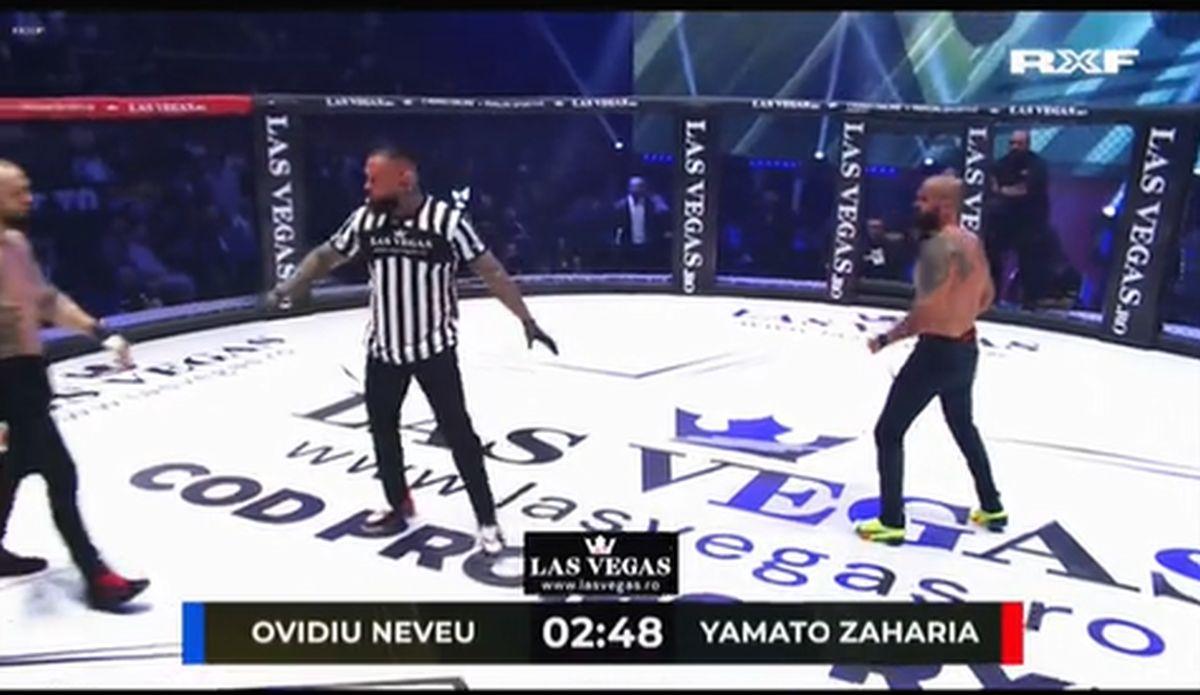 Yamato Zaharia - Ovidiu Neveu, cea mai așteptată luptă RXF, s-a terminat într-un cor de fluierături » „Ploaie” de sticle aruncate din tribune! Ce a declanșat haosul