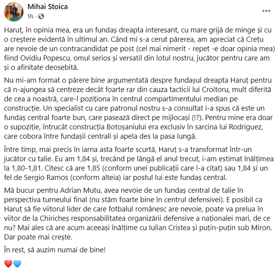 Captură Facebook Mihai Stoica MM Stoica, după ce FCSB a ratat transferul lui Denis Haruț: „Un specialist cu care s-a consultat Gigi Becali i-a spus asta”