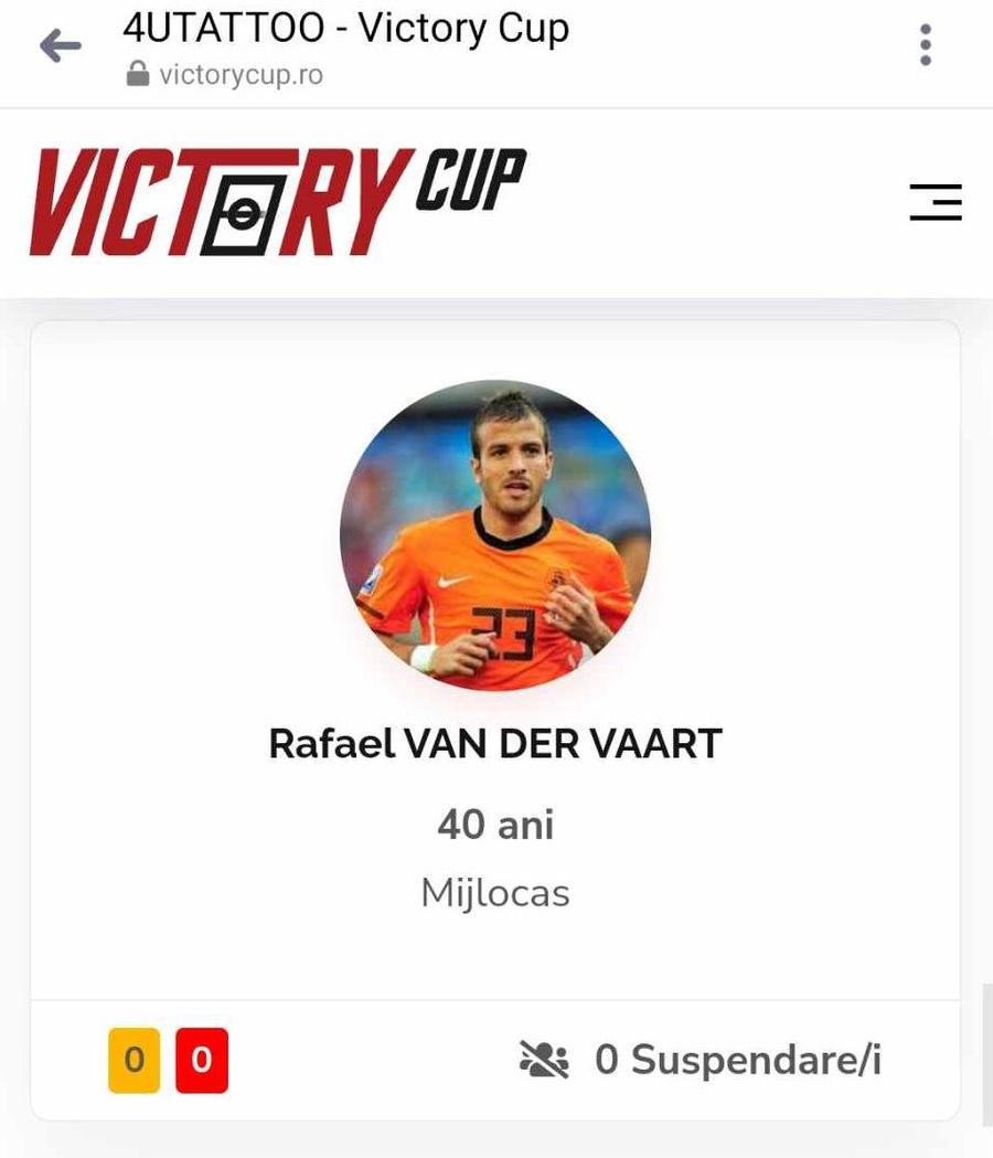 Rafael van der Vaart, adăugat în lotul celor de la 4U tattoo pe site-ul oficial al Victory Cup Rafael van der Vaart revine pe teren! » Cu ce echipă din România s-a înțeles fostul mare jucător de la Real Madrid