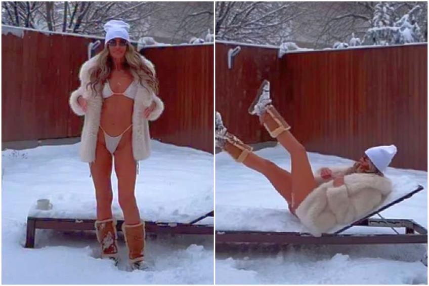 Diana Munteanu s-a filmat în costum de baie pe șezlongul acoperit de zăpadă. Foto: Instagram