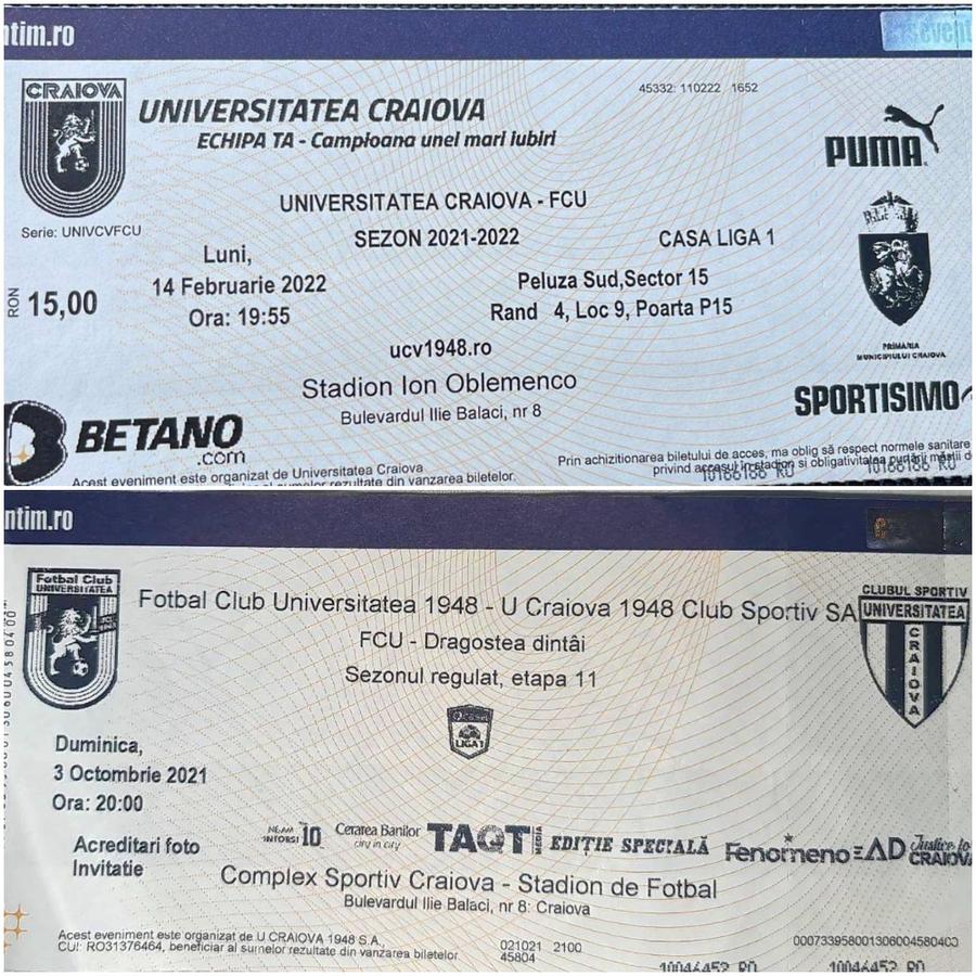 Foto sus: cum arată biletul la meciul CSU Craiova - FCU Craiova // Foto jos: cum a arătat biletul la meciul FCU Craiova - CSU Craiova Câte bilete s-au vândut la derby-ul Băniei » Fanii FCU Craiova au trecut la amenințări!